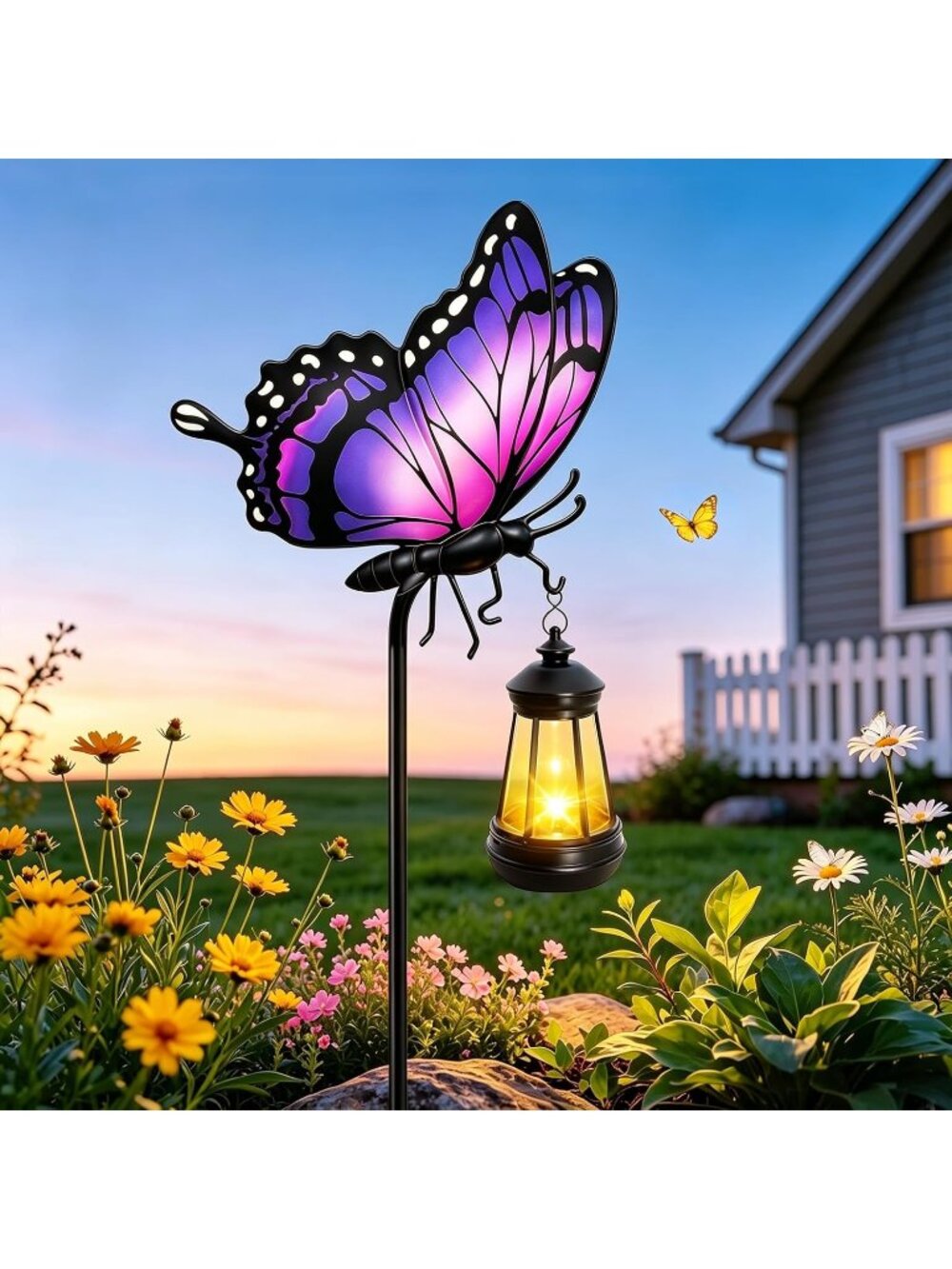 Garden Lights Outdoor Purple Butterfly Hanging Lantern Waterproof Metal Stake